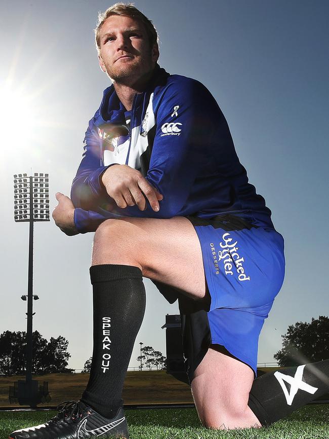 Aiden Tolman wears the Bulldogs’ White Ribbon socks. (Phil Hillyard)