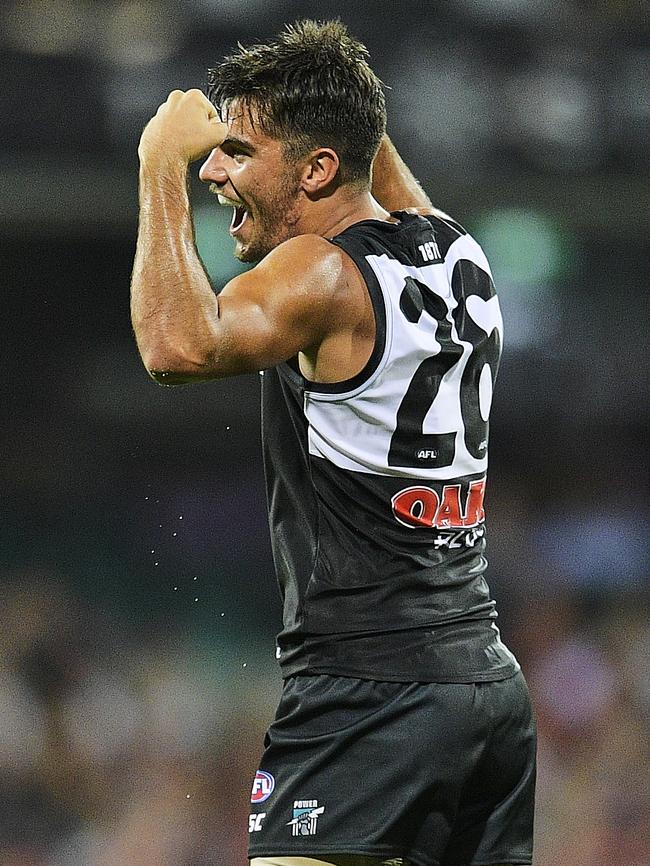 Riley Bonner of the Power celebrates after kicking a goal against the Swans. Picture: Brett Hemmings/AFL Media/Getty Images