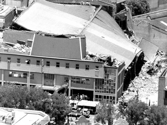 Aerial view of damage to Newcastle Workers Club after the earthquake.