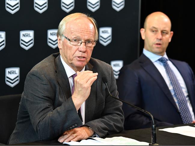 ARL Commission Chairman Peter Beattie and NRL CEO Todd Greenberg at a press conference at NRL headquarters in Sydney, Thursday, December 13, 2018. (AAP Image/Mick Tsikas) NO ARCHIVING