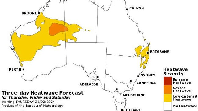 Heatwave conditions from February 22-24, with severe conditions in WA and NT. Picture: BOM