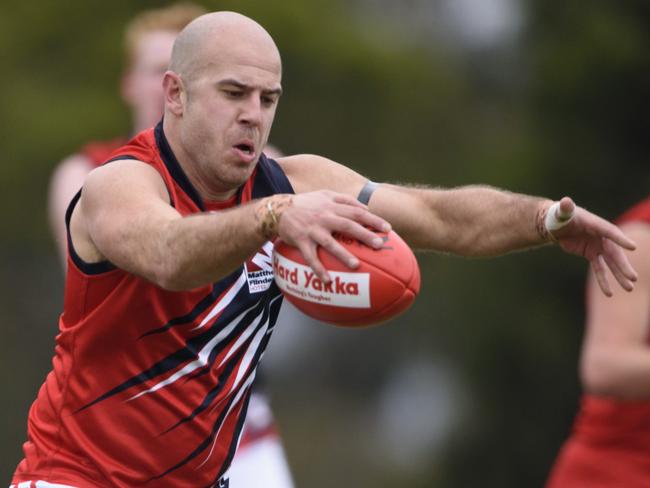 Division 2 EFL East Burwood (dark) vs Waverley Blues (red) at East Burwood Reserve. Blues' Matthew Sharpe. Photo taken on the 1st of August, 2015. Photo Christopher Chan