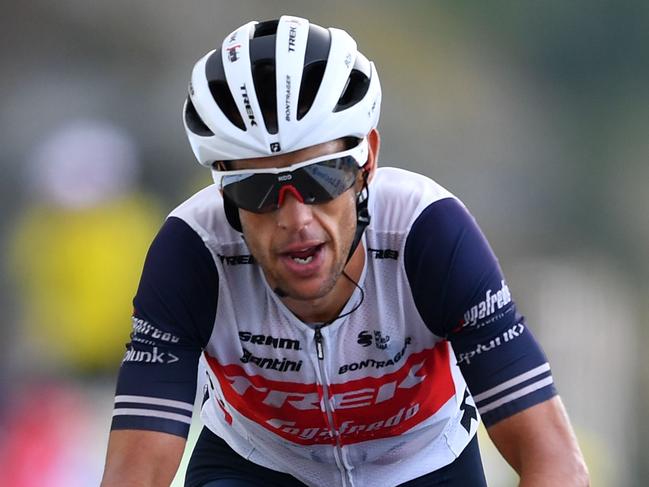 Team Trek rider Australia's Richie Porte crosses the finish line atop the Loze pass (Col de la Loze) at the end of the 17th stage of the 107th edition of the Tour de France cycling race, 170 km between Grenoble and Meribel, on September 16, 2020. (Photo by Stuart Franklin / POOL / AFP)