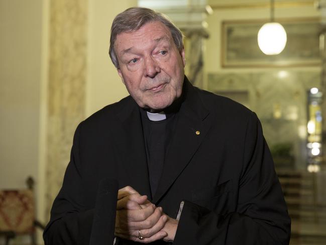 Cardinal George Pell in Rome on the FOURTH day of giving evidence to the The Royal Commission into Institutional Responses to Child Sexual Abuse. 2/3/16 Rome, Italy - Cardinal Pell speaks to the media in the lobby of Hotel Quirinale at the end of the four days hearing by the Royal Commission. Pic Ella Pellegrini