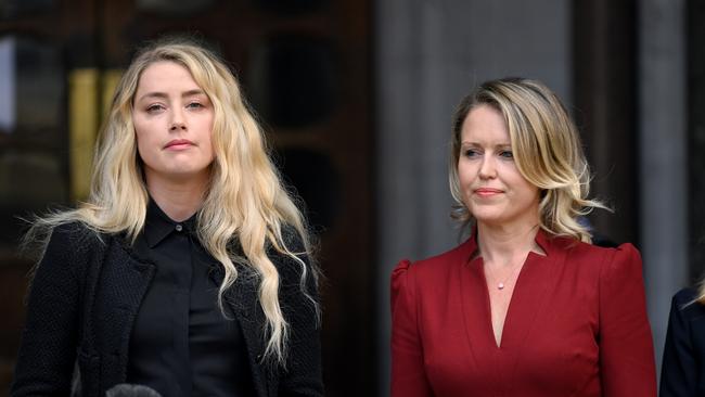 Jennifer Robinson by Amber Heard’s side as Heard gives a statement at the Royal Courts of Justice in London in 2020. Picture: Karwai Tang/WireImage