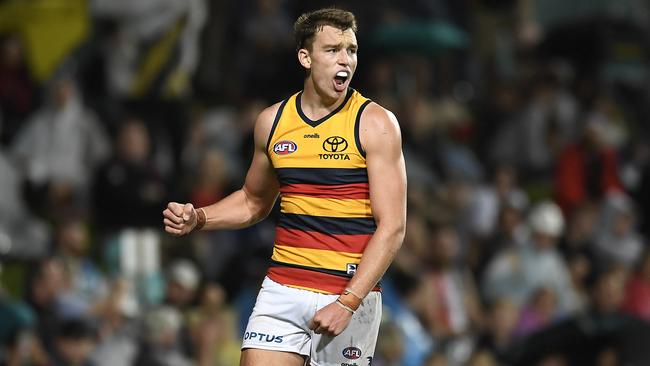 Riley Thilthorpe of the Crows celebrates a goal. (Photo by Albert Perez/AFL Photos/via Getty Images)