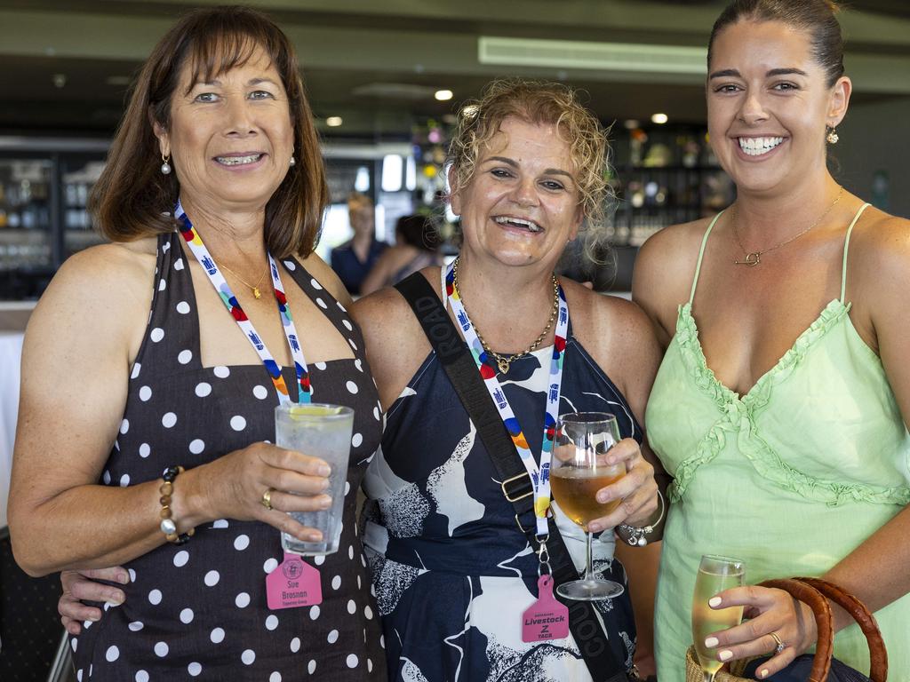 <p>Sue Brosnan, Wendy Cox and Kate Gooden at the Northern Territory Cattlemen's Association Ladies lunch in Darwin Turf Club. Picture: Pema Tamang Pakhrin</p>