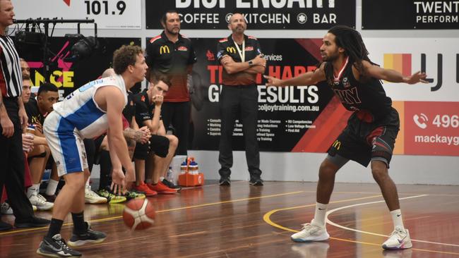 Matthew Adekponya for Mackay Meteors against Rockhampton Rockets. Picture: Matthew Forrest