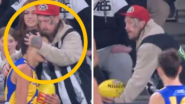 The Collingwood fan making contact with Harvey Johnstone. Photos: Fox Sports