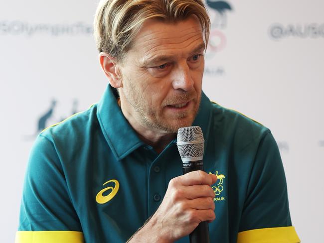 Gustavsson speaking at the Matildas’ team announcement for Paris. Picture: Matt King/Getty Images