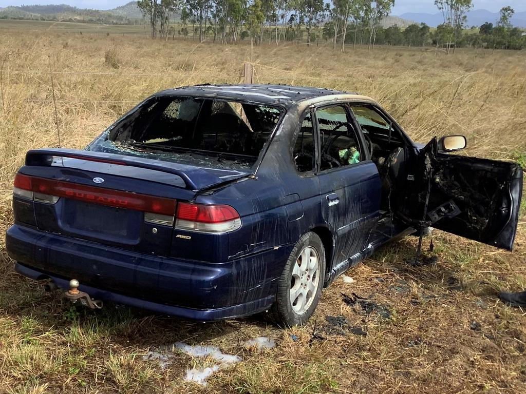 The Subaru Liberty was stolen from North Mackay in August and found ablaze on the Bruce Highway on September 9, 2021. Picture: Queensland Police Service