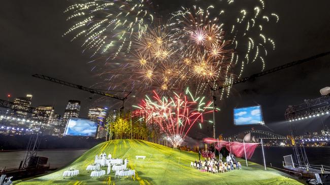 Fireworks at Handa Opera's Madama Butterfly on Sydney Harbour in 2023. Picture Keith Saunders