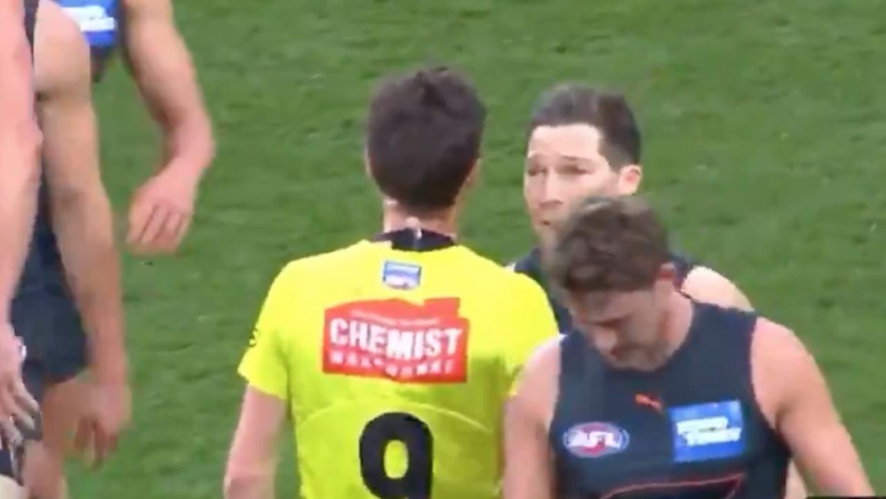 Toby Greene bumped into the umpire. Source: FOX Footy