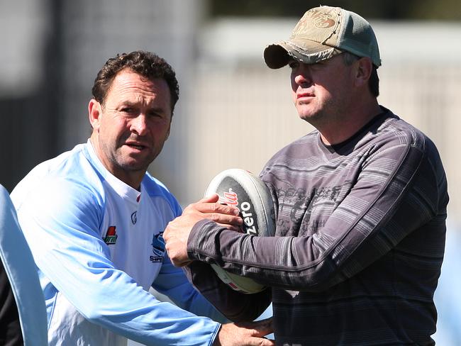 Ricky Stuart and Dean Pay at a Sharks training session in 2008. Picture: Phil Hillyard