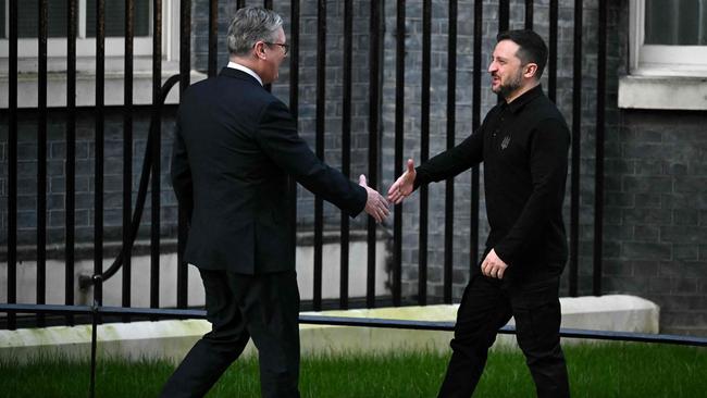 Ukraine’s President Volodymyr Zelensky shakes hands with Britain’s Prime Minister Keir Starmer at Downing Street. Picture: AFP