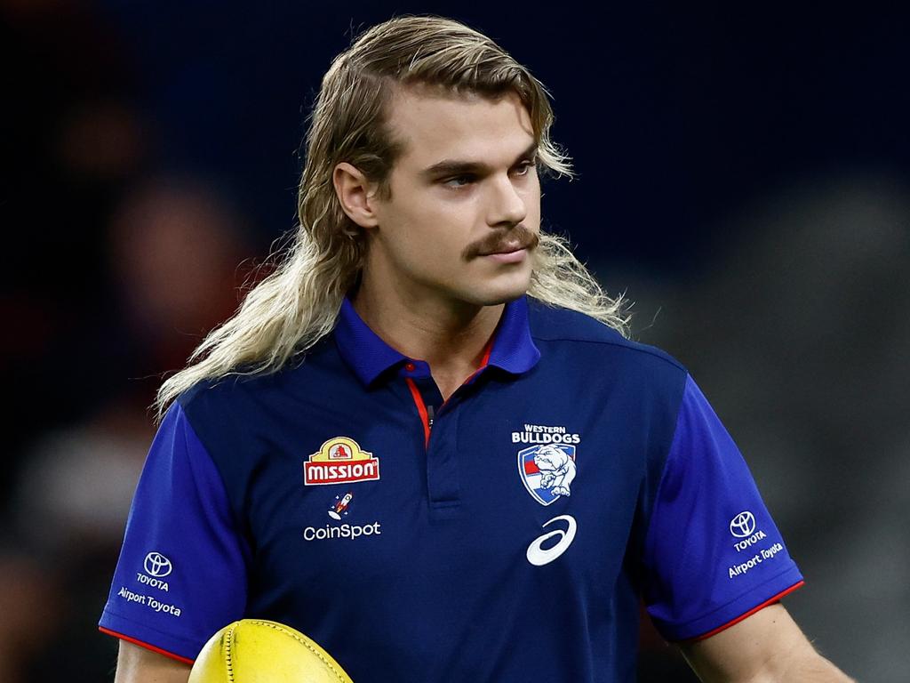 MELBOURNE, AUSTRALIA – APRIL 12: Bailey Smith of the Bulldogs gives the thumbs up during the 2024 AFL Round 05 match between the Western Bulldogs and the Essendon Bombers at Marvel Stadium on April 12, 2024 in Melbourne, Australia. (Photo by Michael Willson/AFL Photos via Getty Images)