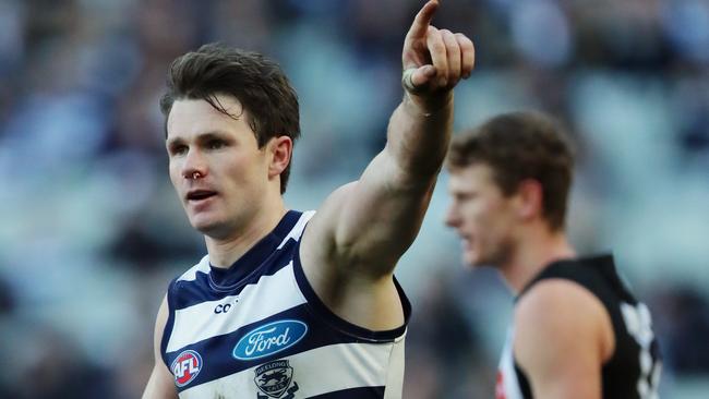 Patrick Dangerfield celebrates one of his goals. Picture: Alex Coppel.