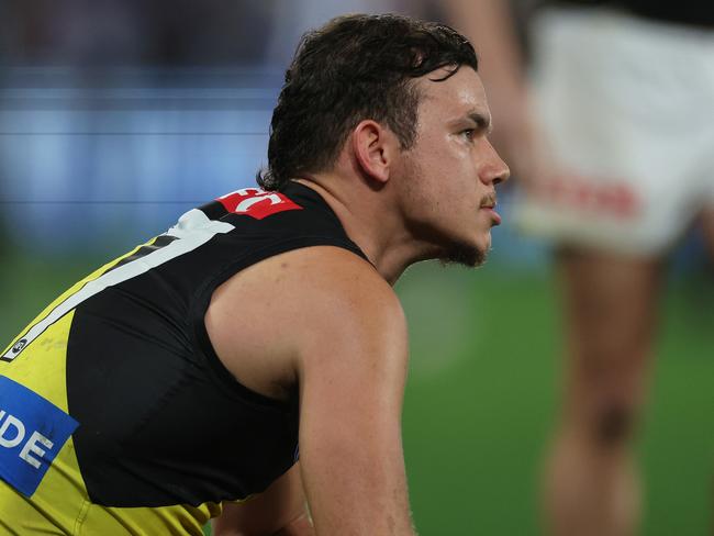 MELBOURNE, AUSTRALIA - AUGUST 03: Daniel Rioli of the Tigers looks dejected after the round 21 AFL match between North Melbourne Kangaroos and Richmond Tigers at Marvel Stadium, on August 03, 2024, in Melbourne, Australia. (Photo by Daniel Pockett/Getty Images)