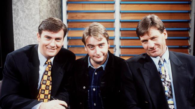 Aust TV presenter Eddie McGuire with Trevor Marmalade and Sam Newman in TV program The Footy Show