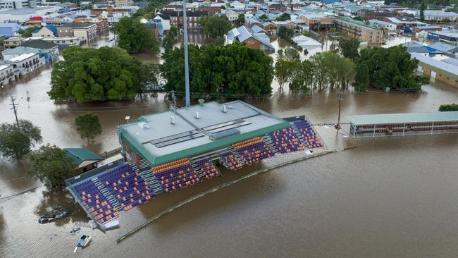 Oakes Oval, Lismore’s premiere sporting field under water. Picture: Media Mode