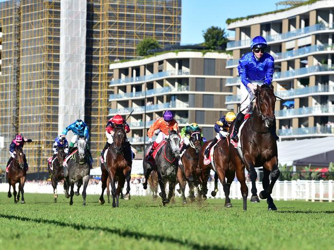 James McDonald admires his work aboard Broadsiding in the Group 1 JJ Atkins for trainer James Cummings. Picture: Grant Peters - Trackside Photography