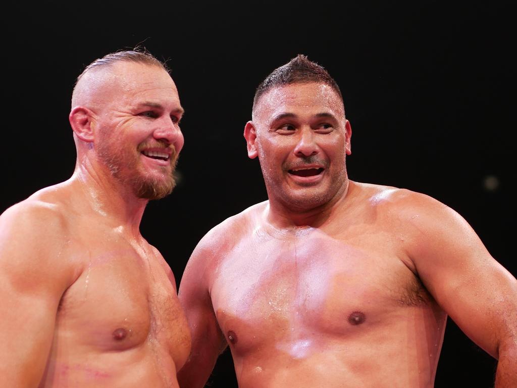 Justin Hodges and Matt Cooper at the Battle of the Reef fight night at the Townsville Entertainment and Convention centre, October 7 2023. Picture: Blair Jackson.