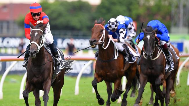 James McDonald had time to give Verry Elleegant a pat after her runaway win. Picture: AAP