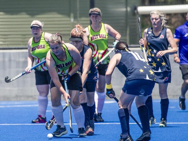 Hells Gellz V Star Strikers in action in the Pan Pacific Masters Games Hockey tournament. Picture: Glenn Campbell