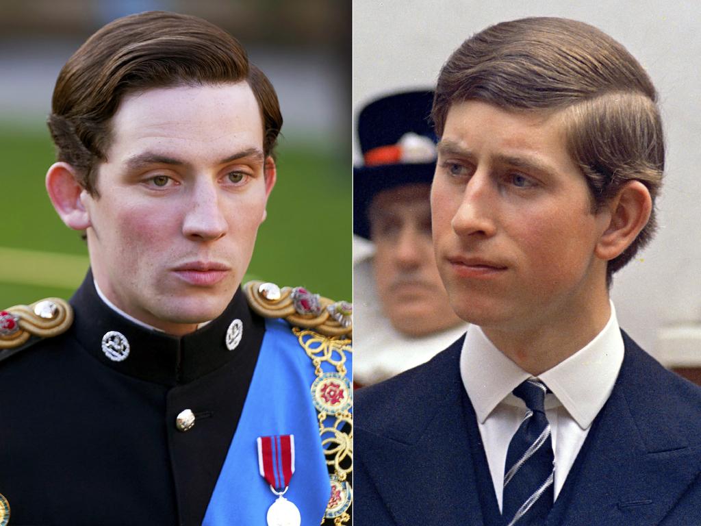 Josh O'Connor in a scene from the third season of The Crown and the real Prince Charles in 1968. Picture: Netflix, left, and AP Photo