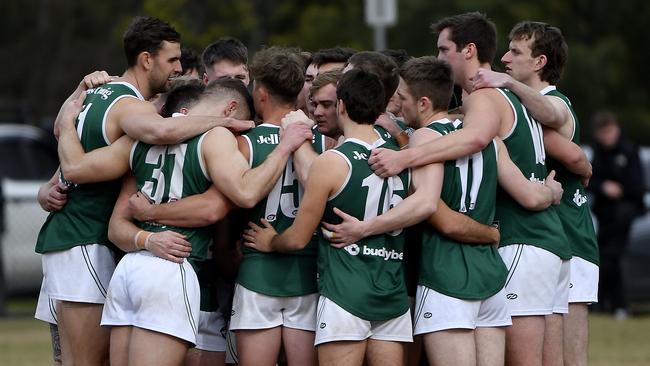 Greensborough in the huddle. Picture: Andrew Batsch