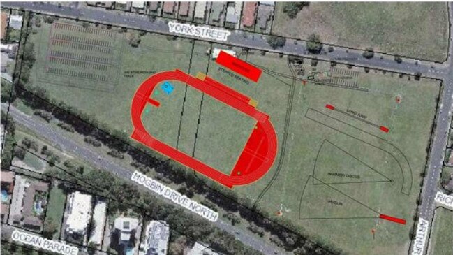 An alternative design of the proposed regional athletics centre at York St Oval, Coffs Harbour.