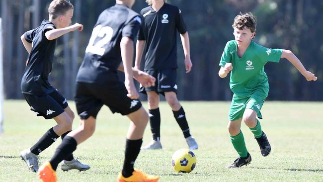 Football Queensland Community Cup carnival, Maroochydore. U13 boys, Sunshine Coast V Metro North. Picture: Patrick Woods.