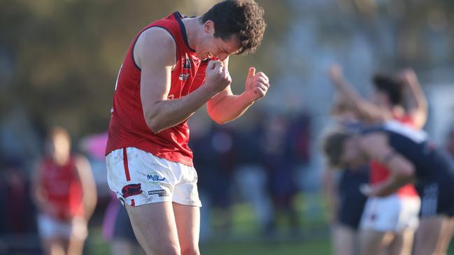 Norwood’s Connor McLean celebrates after kicking the winning goal against South Adelaide on Saturday. Picture: Cory Sutton / SANFL