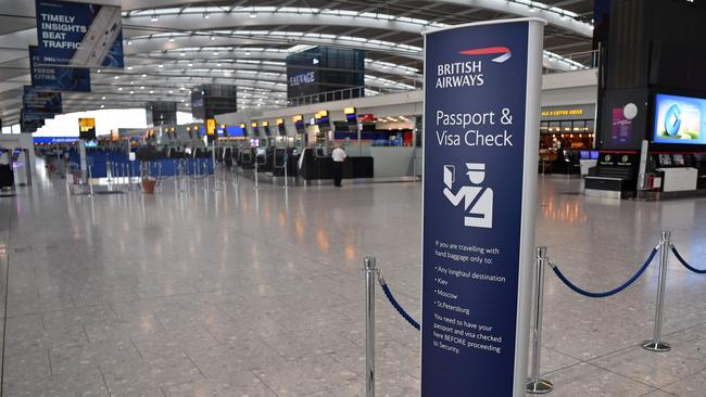 Around 1400 security officers will stage their latest industrial action at Heathrow’s Terminal 5. Picture: AFP