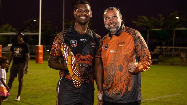 David Tabuai and Shaun Tatipata the 2024 Deadly Cup Carnival between the Indigenous All Stars and Territory All Stars. Picture: Pema Tamang Pakhrin