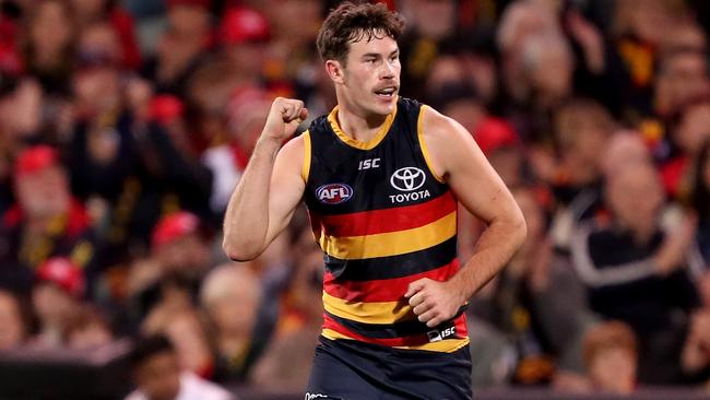 Mitch McGovern of the Crows celebrates a goal against Carlton. Will he land at the Blues? Picture: James Elsby/AFL Media/Getty Images