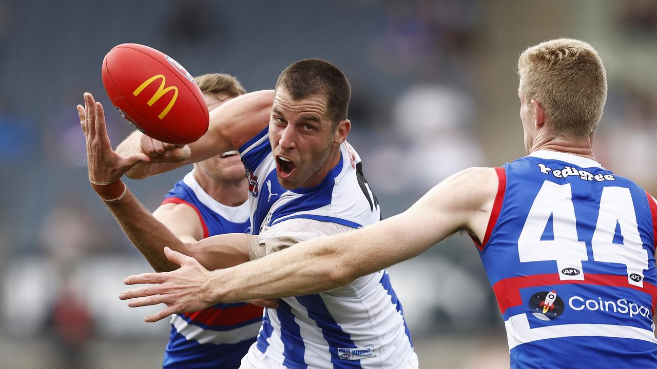 North Melbourne big man Tristan Xerri has a clear run at the Kangaroos’ ruck position. Is he worth picking? Picture: Daniel Pockett/AFL Photos/via Getty Images.