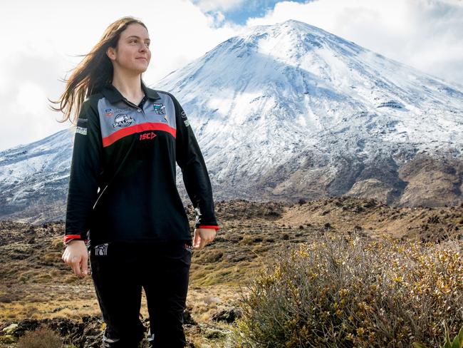 Izak Rankine’s sister Kerryann, trekking the Tongariro Alpine Crossing in New Zealand as part of a cultural footy exchange with the PAFC’s Women’s Aboriginal AFL Academy. Also shots of Marlon Motlop in the same spot. MUST CREDIT: PHOTOS: MARK PIOVESAN