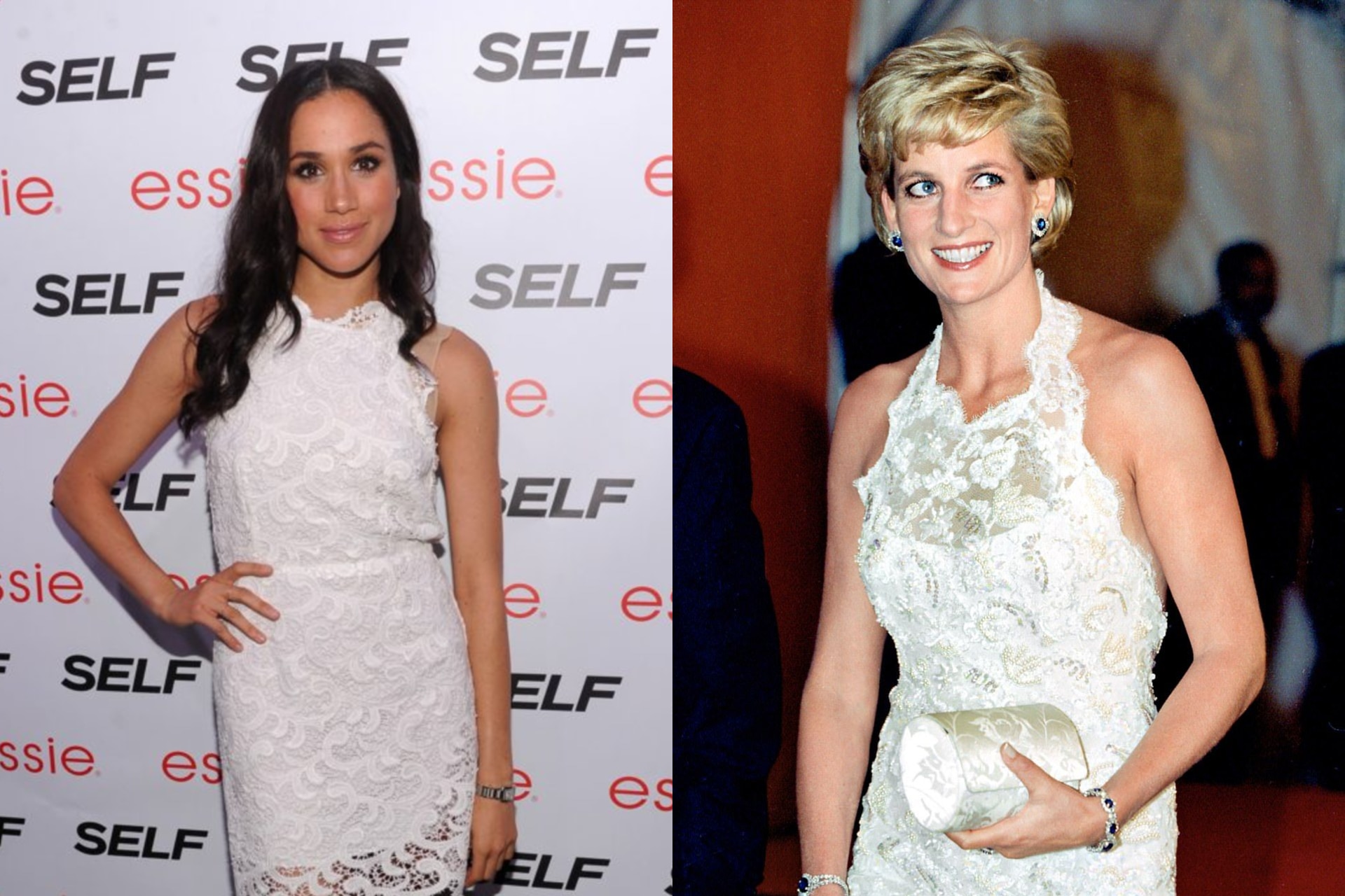 <h2>Meghan Markle (2013) and Princess Diana (1996)</h2><p>While we know this particular appearance was from before Meghan Markle became the Duchess of Sussex, we can't help but notice the similarities between her dress, and this 1996, lace overlay gown by Catherine Walker that Princess Diana wore on a visit to Washington DC.</p>