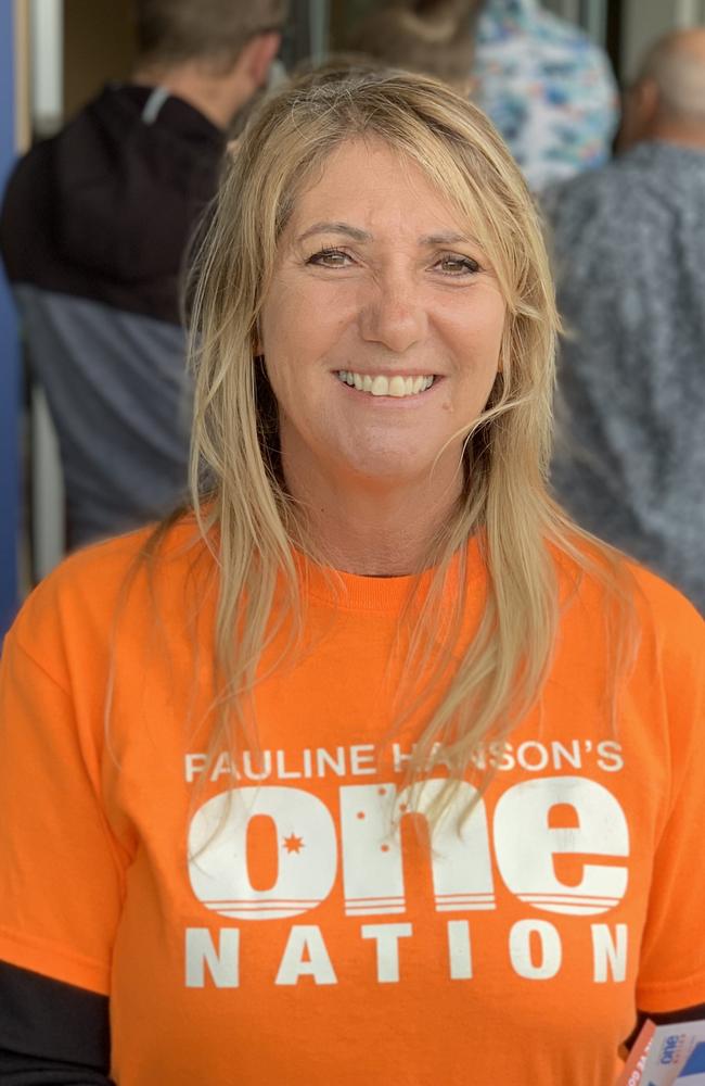 One Nation Dawson candidate Julie Hall at the Mackay Northern Beaches State High School voting booth. Federal election 2022. Saturday, May 21, 2022. Picture: Tara Miko