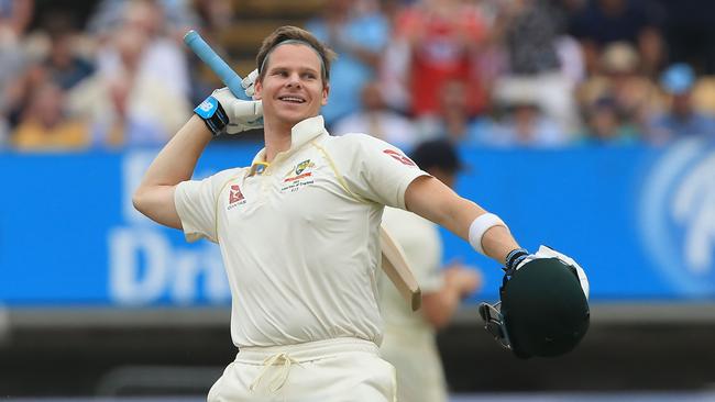 Steve Smith celebrates reaching his second century of his comeback Test match in England.