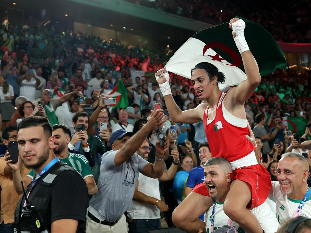 Imane Khelif celebrates her gold medal win after being declared victorious. Picture: Getty Images