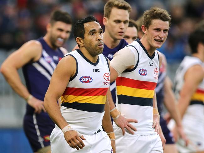 Eddie Betts and Matt Crouch after the Crows loss to Fremantle.