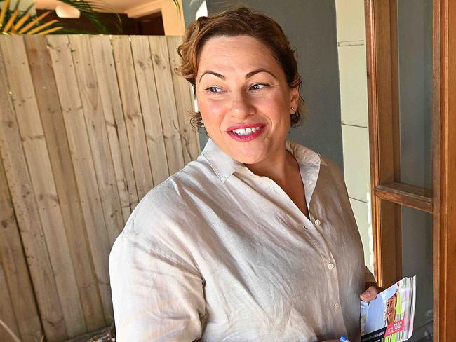 11/10/2020 : Former deputy premier and current Labor state member for the seat of South Brisbane, Jackie Trad, talks with local voters Georgia Robertson and her partner Louis Yanagisawa as she door knocks constituents in the seat, in Highgate Hill, Brisbane. Trad is in a fierce battle with the Greens in the current state election campaign. Pic Lyndon Mechielsen