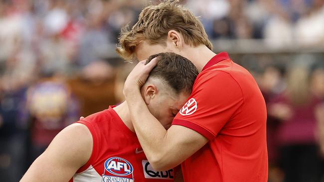 Sydney's Tom Papley and Callum Mills after their loss after the 2024 AFL Grand Final between the Sydney Swans and Brisbane Lions at the MCG on September 28, 2024. Photo by Phil Hillyard(Image Supplied for Editorial Use only - **NO ON SALES** - Â©Phil Hillyard )