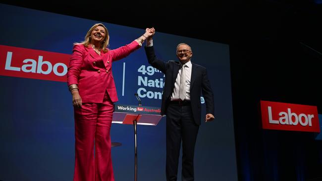 Anthony Albanese and Queensland Premier Annastacia Palaszczuk on stage at the 49th ALP National Conference 2023 in Brisbane. Picture: Dan Peled / NCA NewsWire