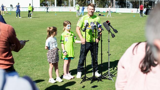 David Warner speaking at Sydney Olympic Park. Picture: Ian Bird/CNSW