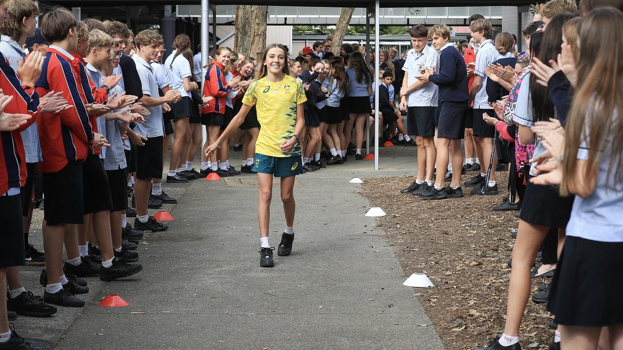 Chloe had a warm welcome back to her school on the Gold Coast, where her mum Julie told Kids News the Olympic skateboarder is “just a regular kid”. Picture: Ann-Louise Hovey