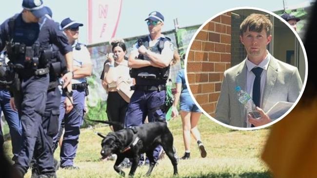 Police with drug detection dogs at the Listen Out Music festival, where Conor Foskin (inset) was busted. Pictures: Jeremy Piper, Tileah Dobson