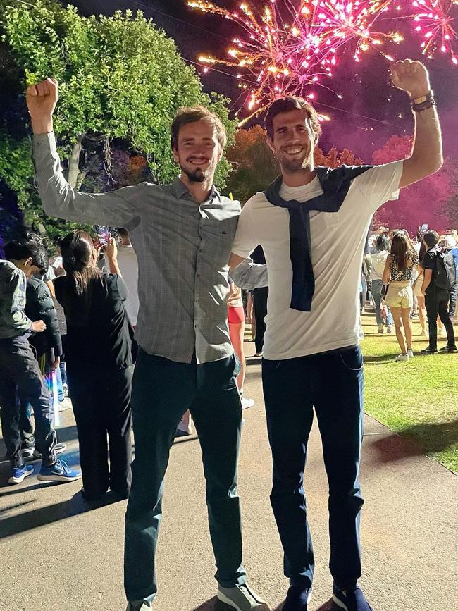 Tennis Players Daniil Medvedev and Karen Khachanov at Adelaide's Fireworks on New Year’s Eve. Picture: Instagram